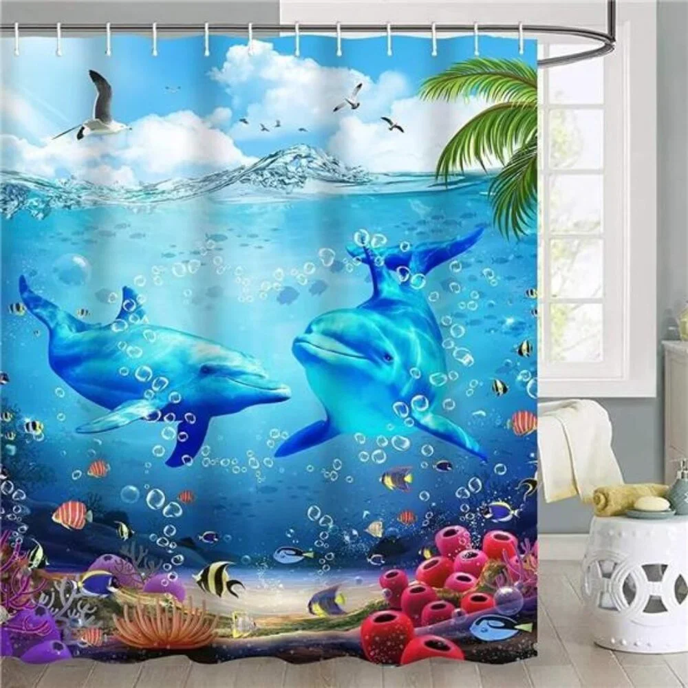 4Pcs Blue Ocean Dolphin Shower Curtain Sets with Rugs,Toilet Lid Cover & BathMat